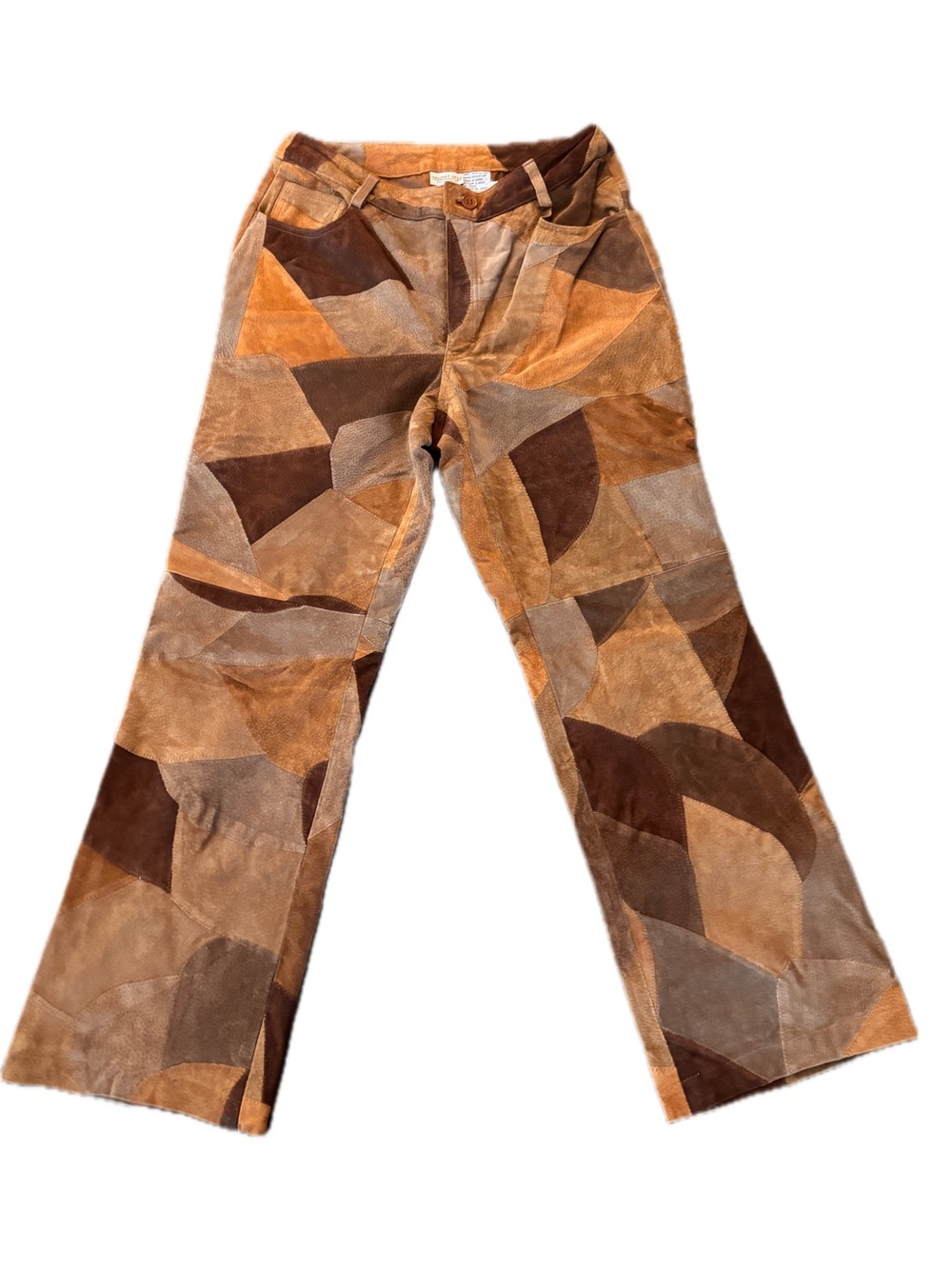 Vintage 70s Style Newport News Patchwork Suede Boot-Cut Pants in Brown & Tan